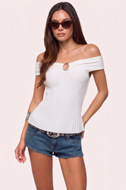 Off Shoulder O-Ring Pleated  White Top