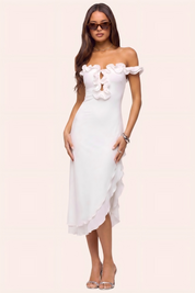 White Off-the-Shoulder Ruffle Midi Dress