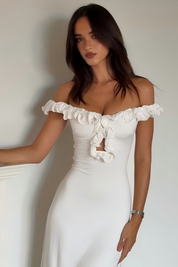 White Off-the-Shoulder Ruffle Midi Dress