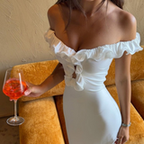White Off-the-Shoulder Ruffle Midi Dress
