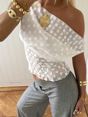 White Polka Dot Mesh Smocked One Shoulder Top