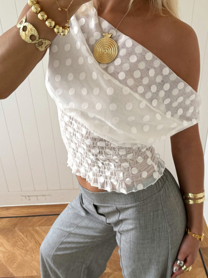 White Polka Dot Mesh Smocked One Shoulder Top