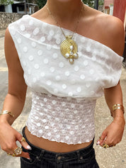White Polka Dot Mesh Smocked One Shoulder Top