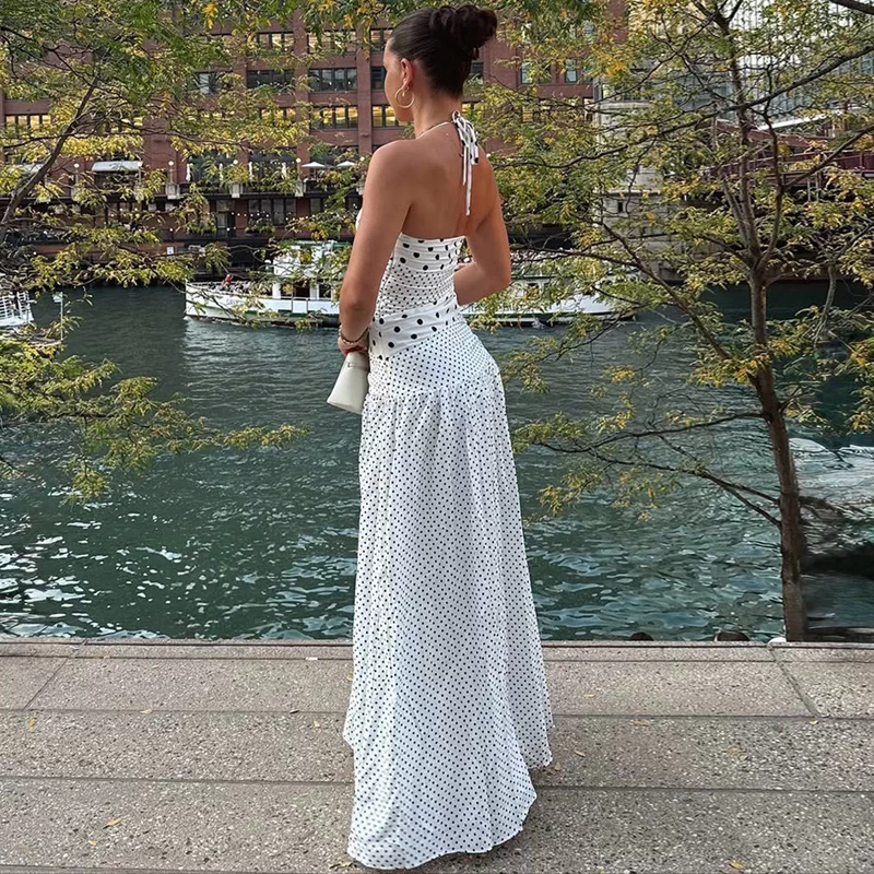 Polka Dot Mixed Print Halter Backless Maxi Dress