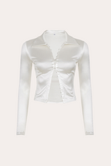 White Satin Lapel Hook-and-Eye Crop Top