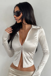 White Satin Lapel Hook-and-Eye Crop Top