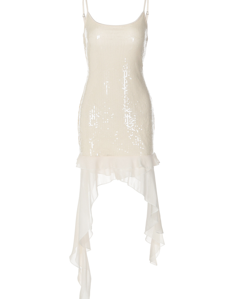 White Sequin Ruffle Dress - Backless Vacation Mini Dress