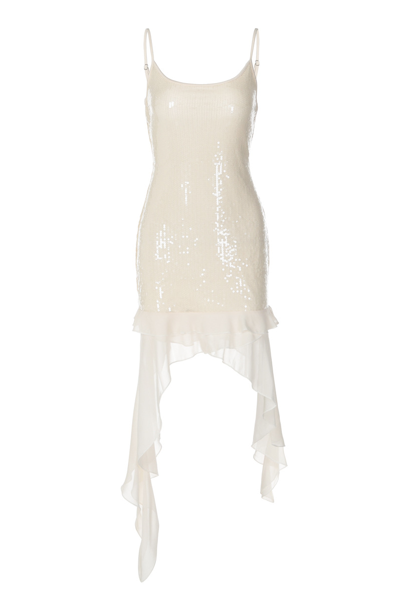 White Sequin Ruffle Dress - Backless Vacation Mini Dress