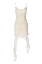White Sequin Ruffle Dress - Backless Vacation Mini Dress