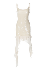 White Sequin Ruffle Dress - Backless Vacation Mini Dress