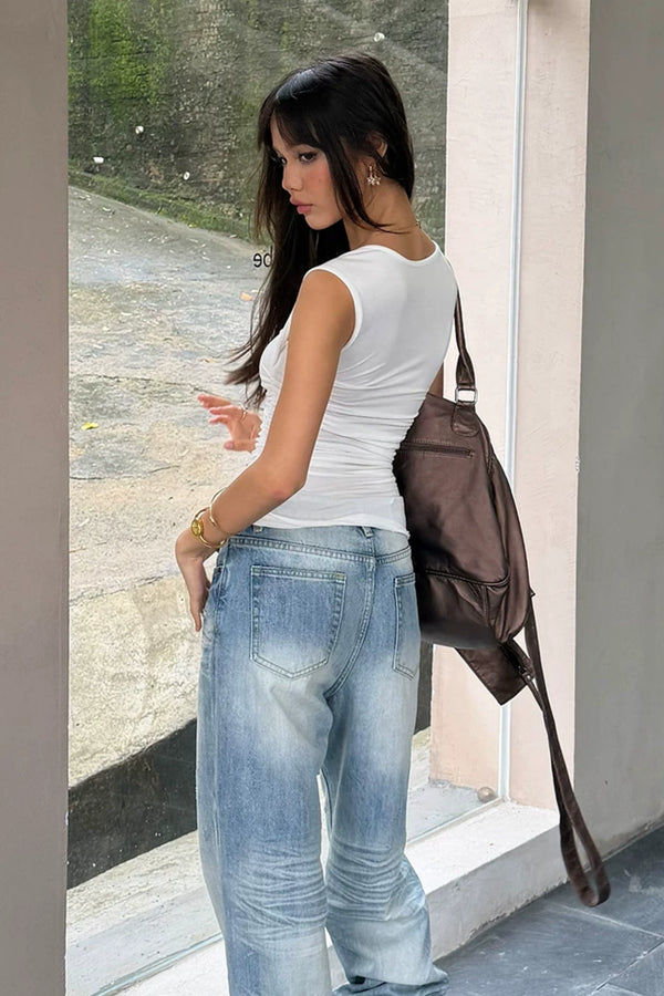 White Studded Trim Square Neck Ruched Top
