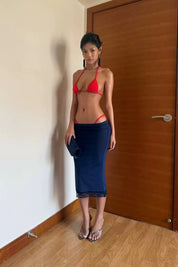 Red Bikini and Navy Blue Mesh Midi Skirt