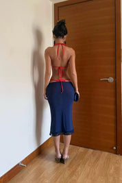 Red Bikini and Navy Blue Mesh Midi Skirt