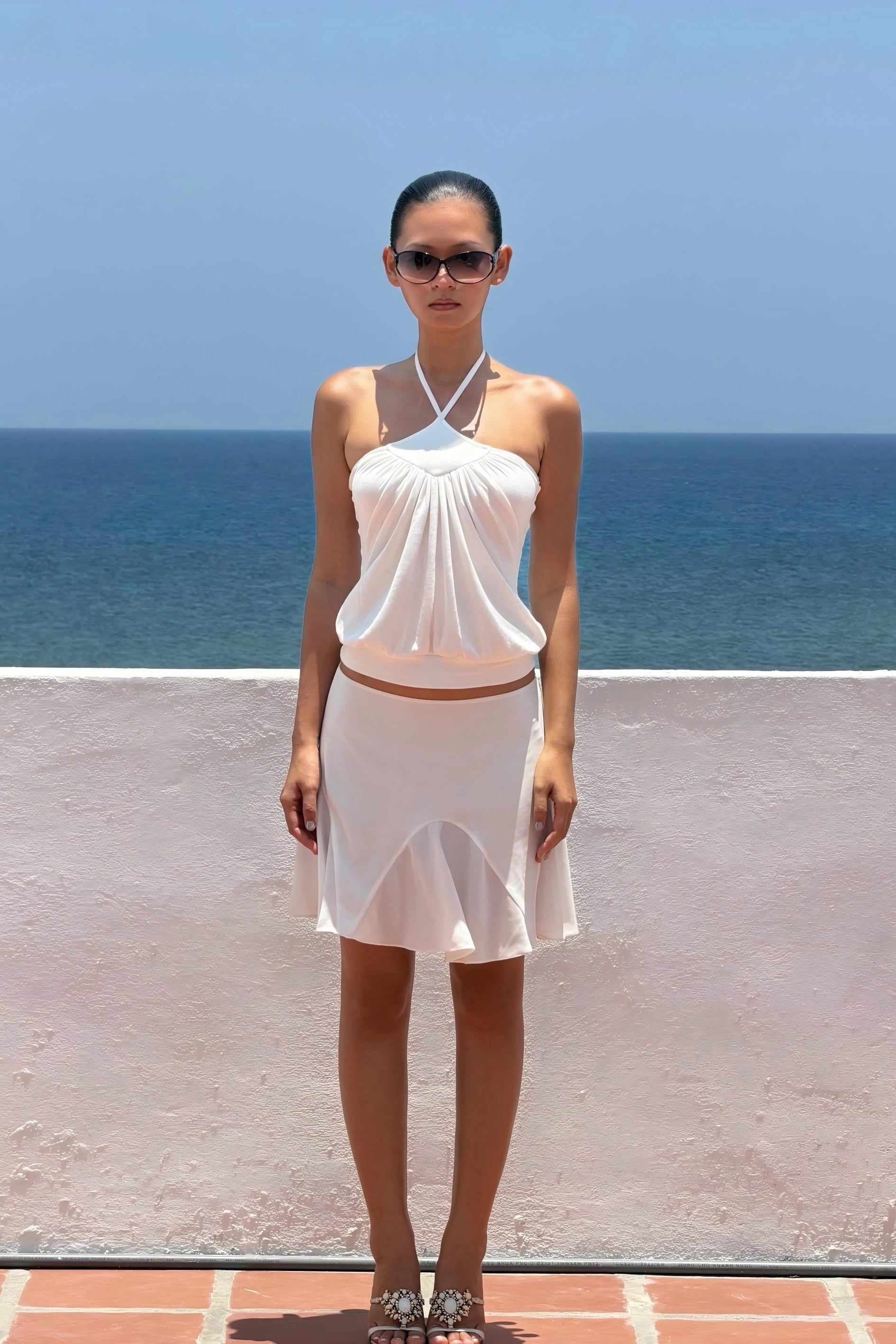 White Halter Neck Ruched Tank Top