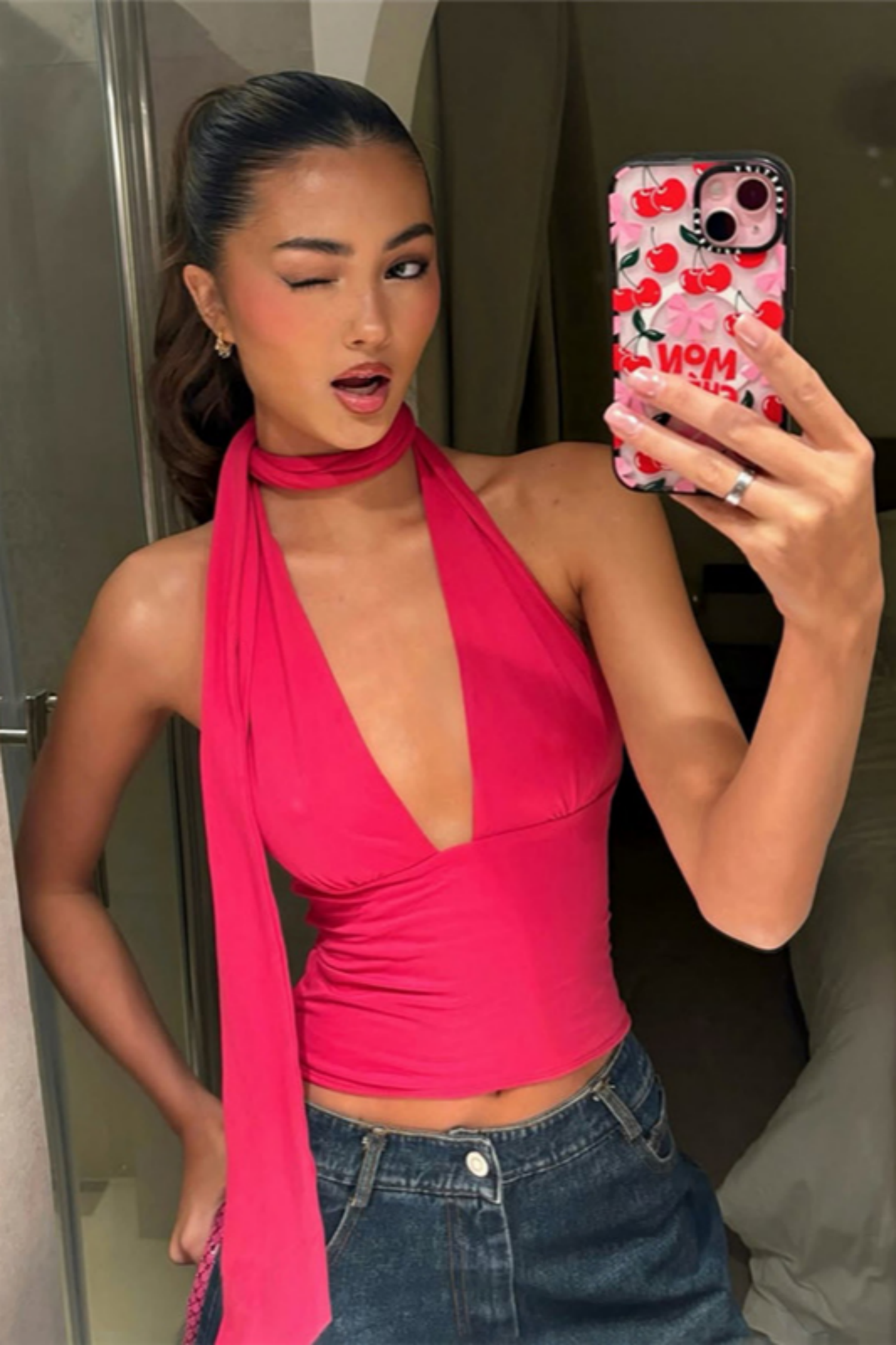 Y2K Hot Pink Long Neck Scarf  Halter Top