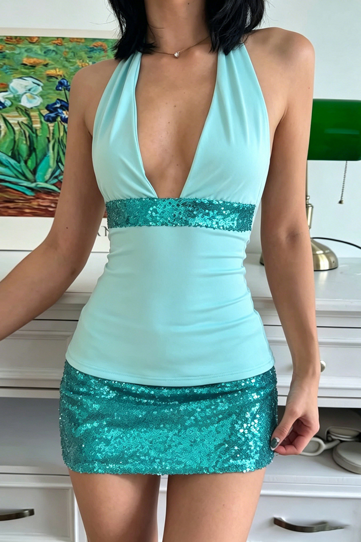 Light Blue Y2K Sequin Halter Two-Piece Mini Skirt Set