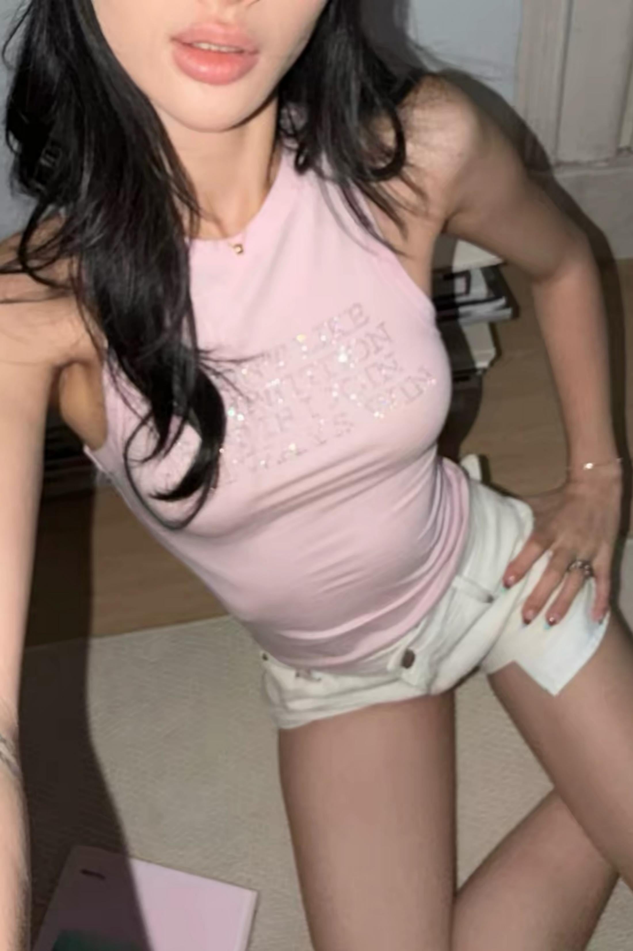 Y2K Pink Rhinestone Graphic Tank Top