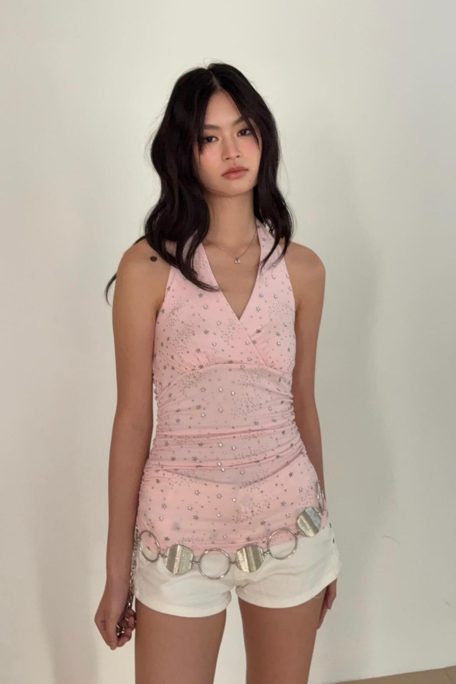 Y2K Aesthetic Pink Rhinestone Star Halter Top