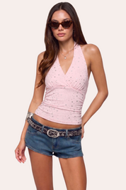Y2K Aesthetic Pink Rhinestone Star Halter Top
