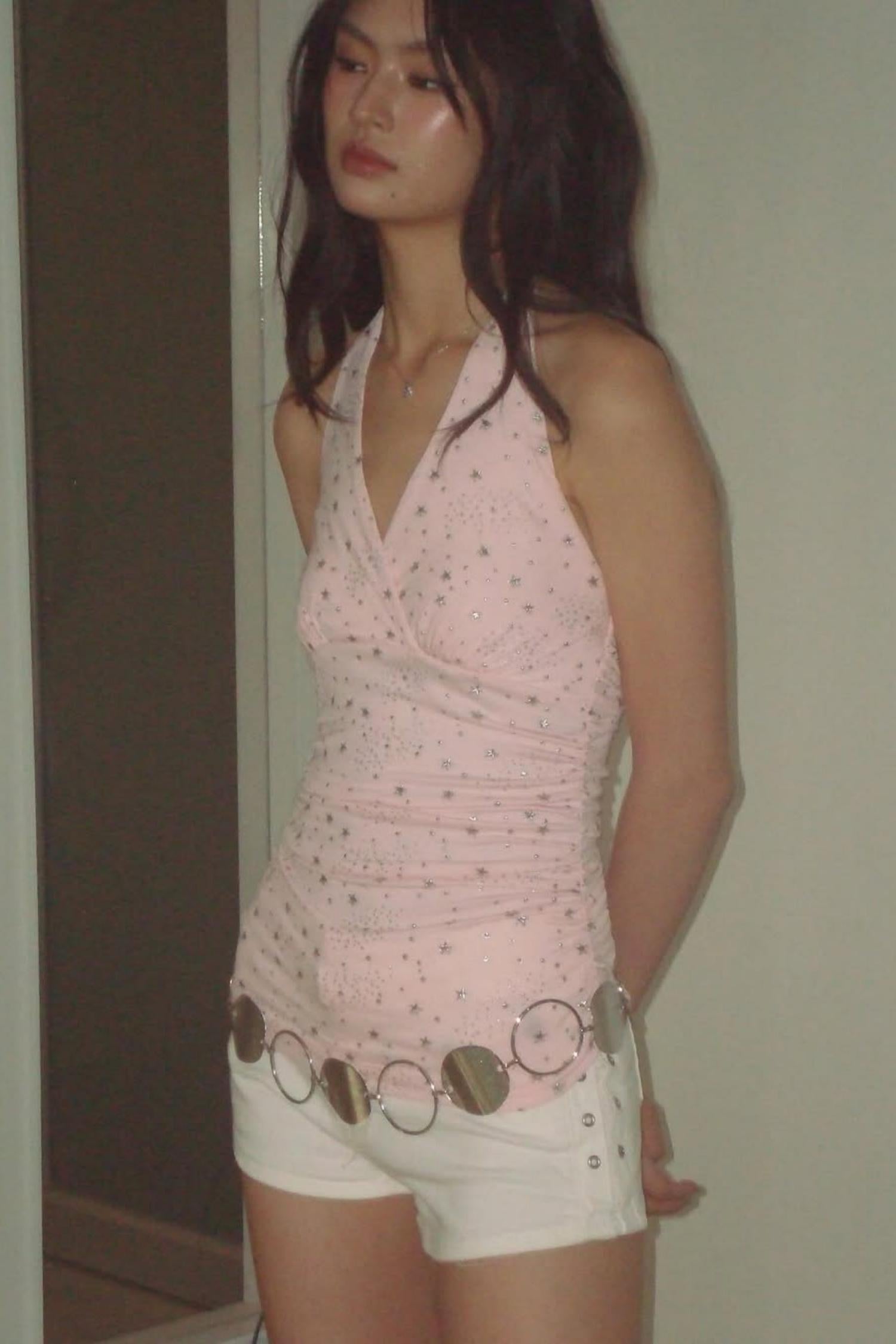 Y2K Aesthetic Pink Rhinestone Star Halter Top