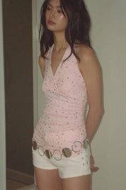 Y2K Aesthetic Pink Rhinestone Star Halter Top