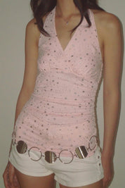 Y2K Aesthetic Pink Rhinestone Star Halter Top