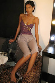 Y2K Purple Sheer Mesh Cami Top with Gold Bow Trim