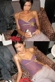 Y2K Purple Sheer Mesh Cami Top with Gold Bow Trim