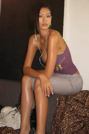 Y2K Purple Sheer Mesh Cami Top with Gold Bow Trim