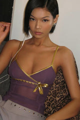 Y2K Purple Sheer Mesh Cami Top with Gold Bow Trim