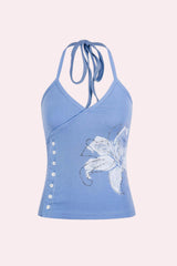 Y2K Floral Rhinestone Halter Side Button Top