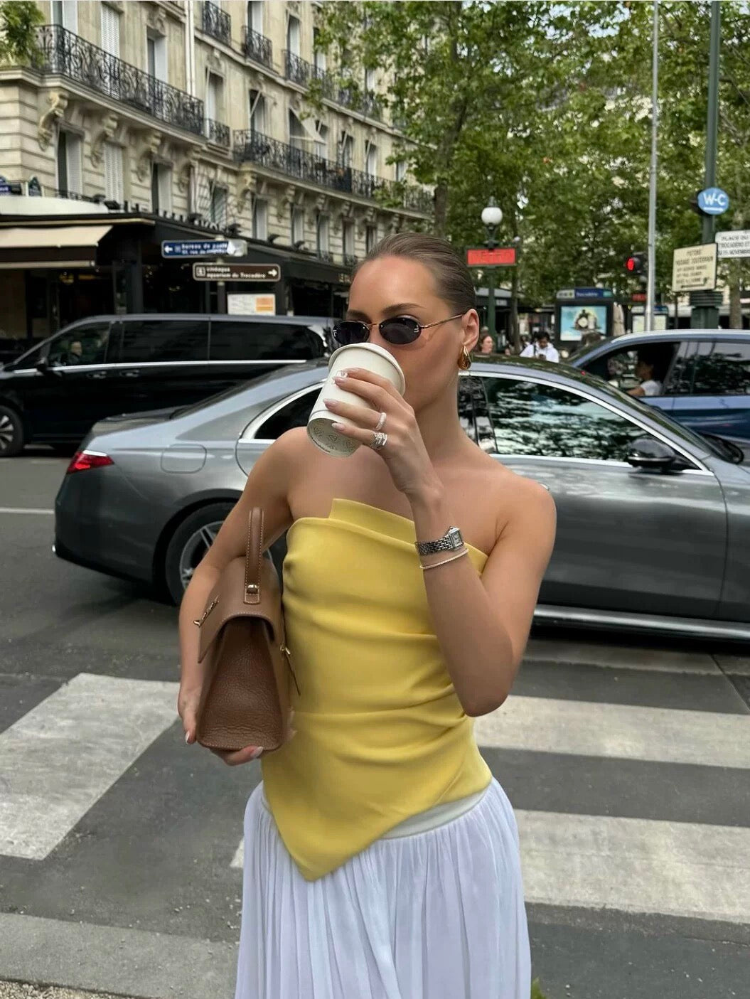Yellow Asymmetric Draped Strapless Top