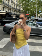 Yellow Asymmetric Draped Strapless Top