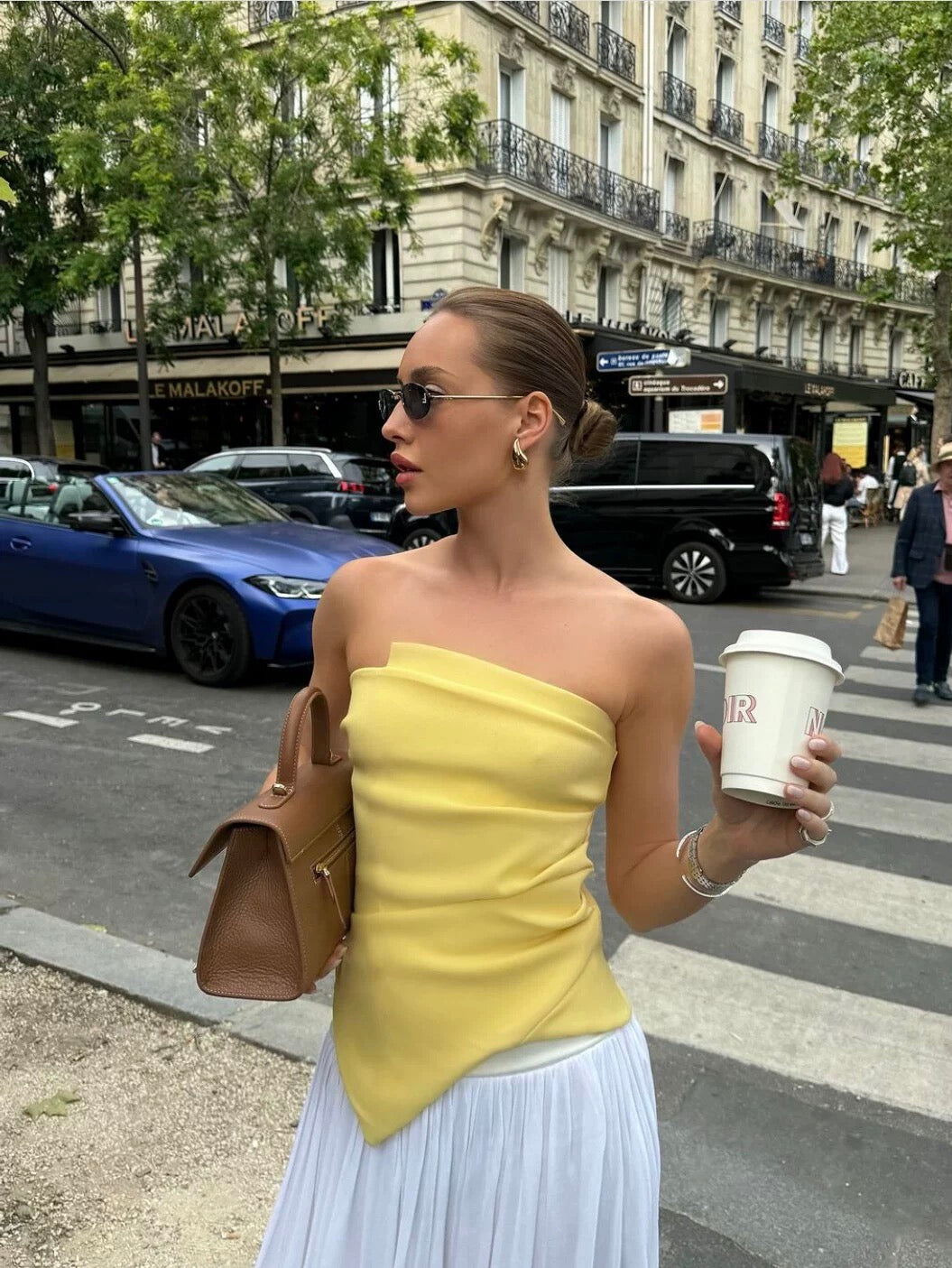 Yellow Asymmetric Draped Strapless Top
