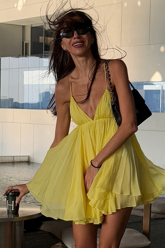 Yellow Chiffon Tiered Ruffle Pleated Cami Mini Dress