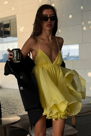 Yellow Chiffon Tiered Ruffle Pleated Cami Mini Dress