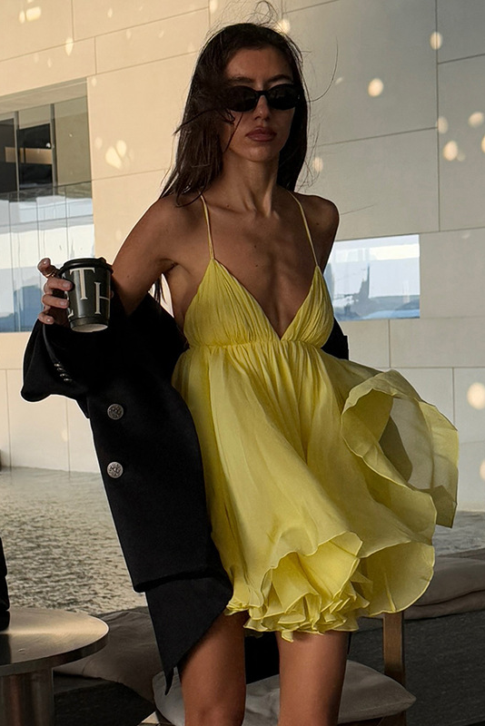 Yellow Chiffon Tiered Ruffle Pleated Cami Mini Dress