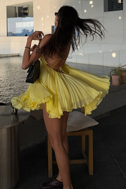 Yellow Chiffon Tiered Ruffle Pleated Cami Mini Dress
