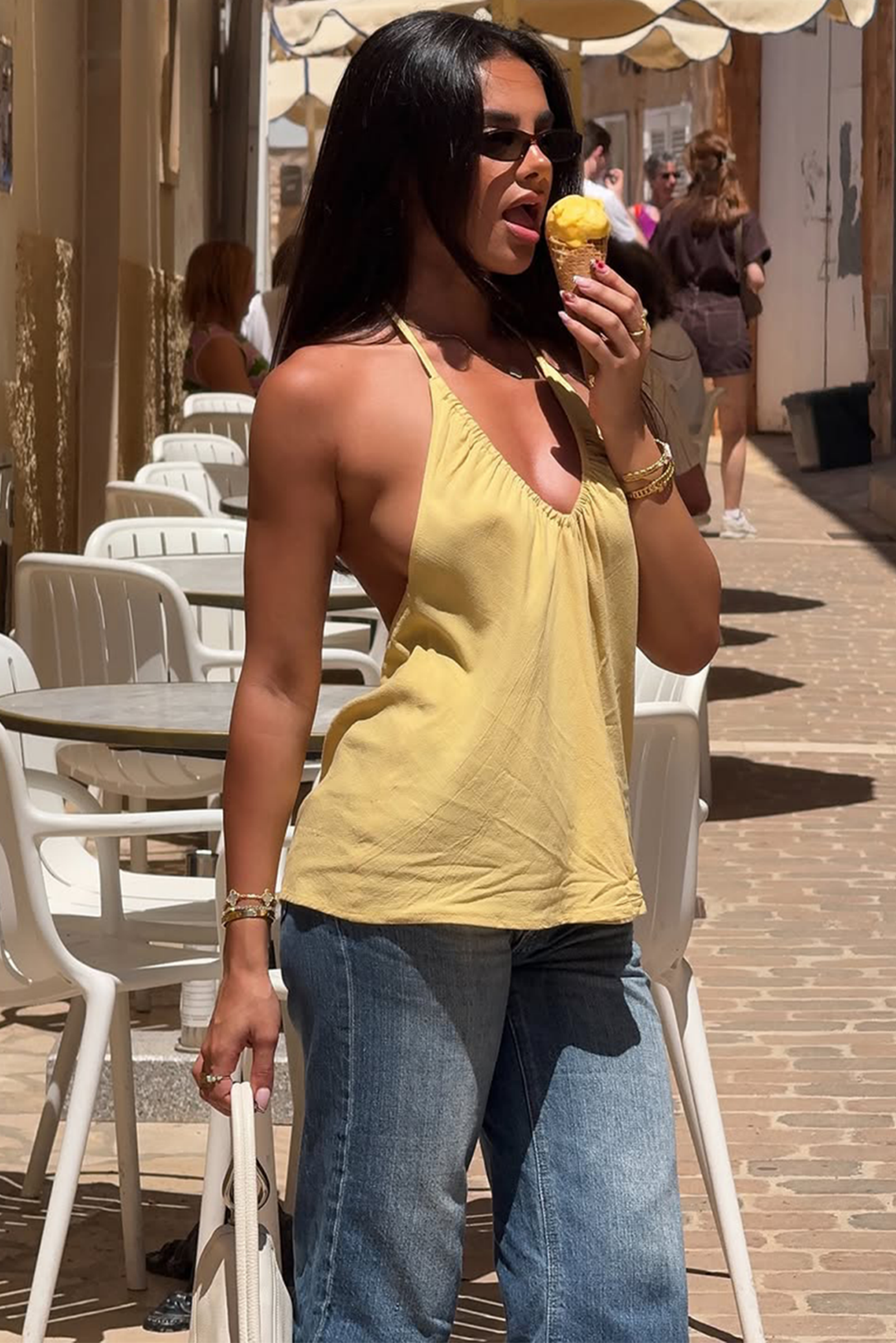 Solace Yellow Halter Backless Camisole Top
