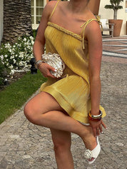 Yellow Pleated Braided Strap Mini Dress