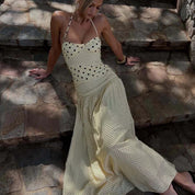 Polka Dot Mixed Print Halter Backless Maxi Dress