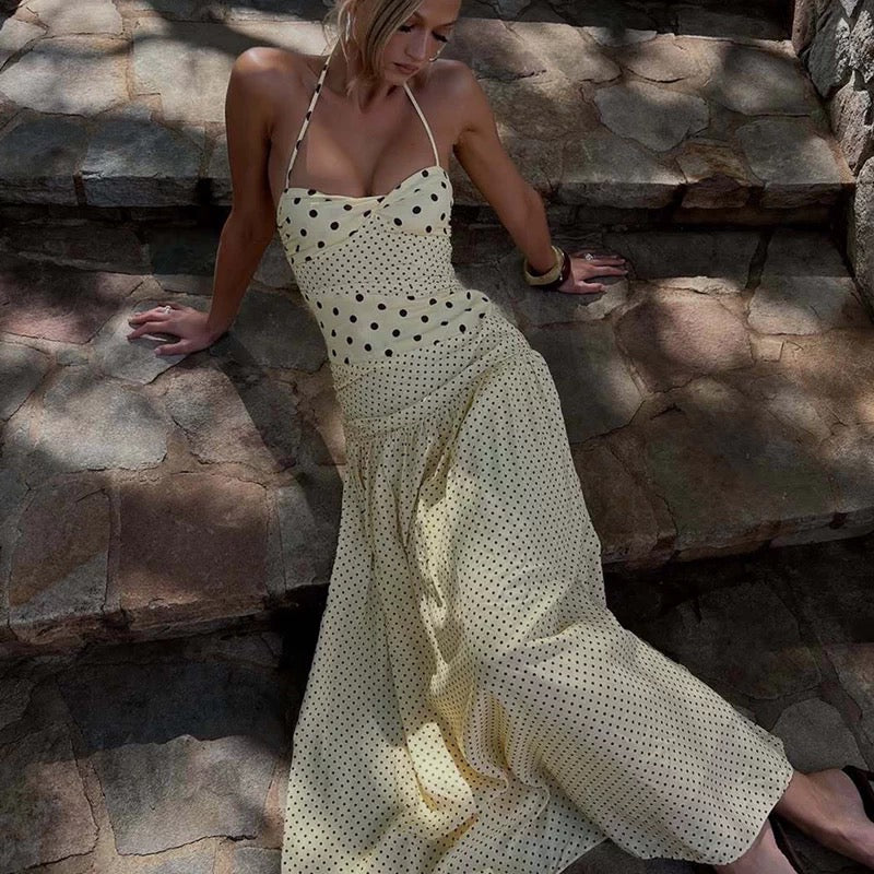 Polka Dot Mixed Print Halter Backless Maxi Dress