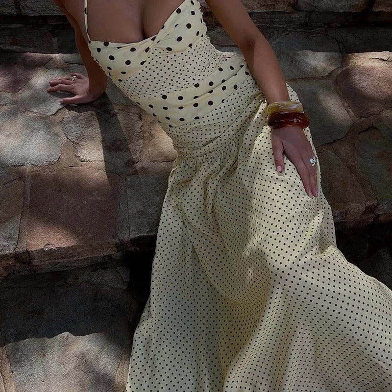 Polka Dot Mixed Print Halter Backless Maxi Dress
