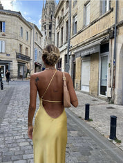 Yellow Satin Backless Slit Maxi Dress